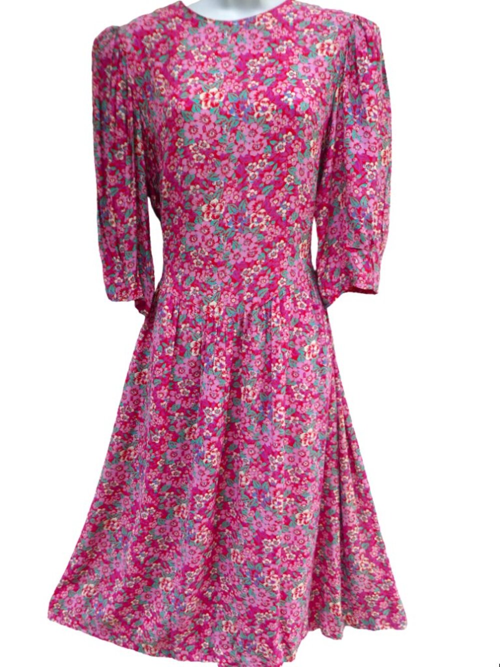 Vintage Vibrant Pink Cottagecore Midi Dress V Basque Waist Tie Back Cincher 14